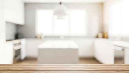 Blurred kitchen interior with white cabinets island and natural light.Premium modern kitchen photos for professional poster, banner and brochure designs