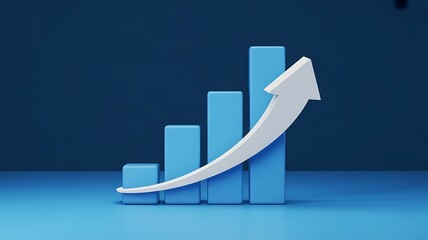Blue bar graph with white arrow indicating upward trend on blue background bar chart growth