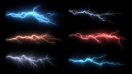 Vibrant Lightning Strikes in Various Colors on a Dark Background for Creative Use