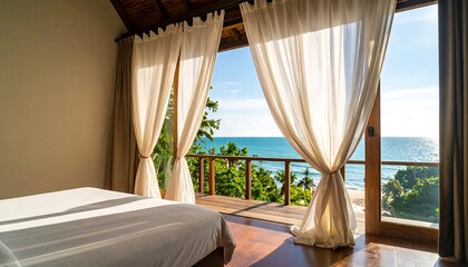 Obraz premium Serene bedroom interior with flowing curtains and a balcony offering a stunning view of the tropical sea