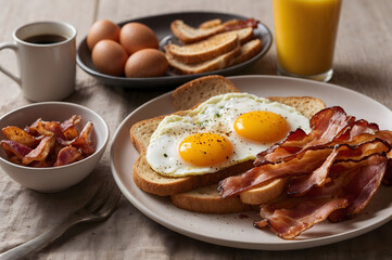 classic American breakfast with bacon, eggs, and toast 1