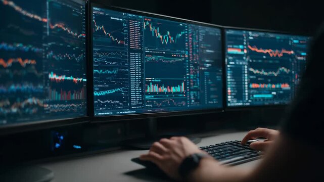 Detailed stock trading data spans across multiple trading monitors.