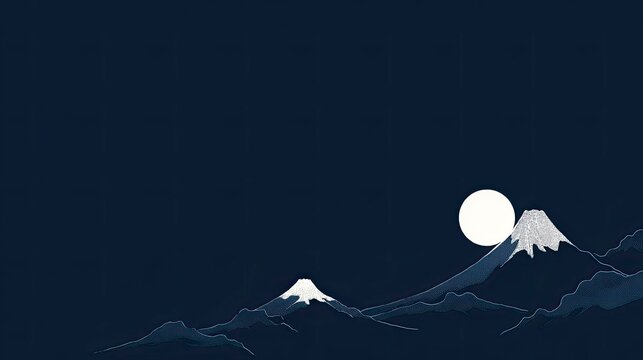 Minimalist Mount Fuji Night Scene Peaceful Japanese landscape under a full moon, ideal for desktop wallpaper