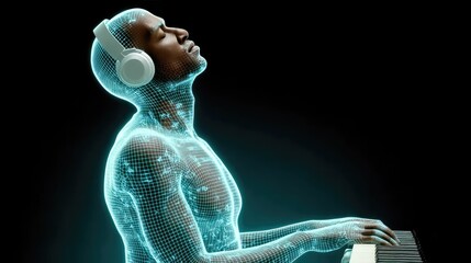 Futuristic Digital Human Playing Piano with Headphones in Virtual Reality Environment