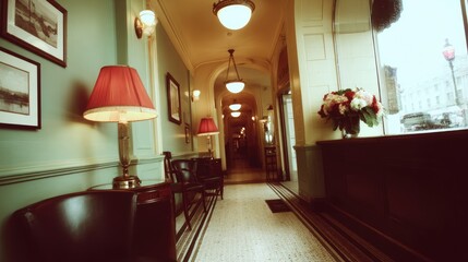 Vintage Cafe Interior with Elegant Decor and Warm Lighting in a Historic Setting