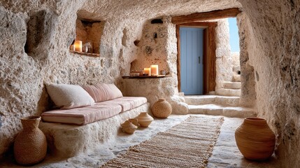Cozy Cave Interior with Rustic Decor and Warm Lighting