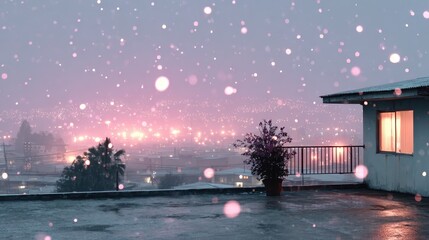Cozy Rooftop Amidst Pink Snowfall Overlooking a Sparkling Cityscape at Dusk