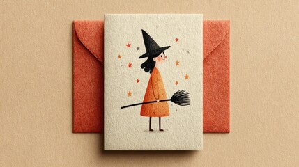 Charming Halloween Witch Greeting Card with Black Hat and Broomstick Illustration