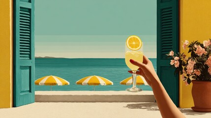 Sunny Coastal Retreat: Refreshing Lemonade with Ocean View from Vibrant Yellow Balcony