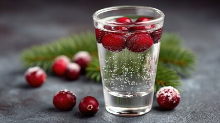 Festive Winter Cranberry Cocktail with Fir Branch: Holiday Refreshment Photography