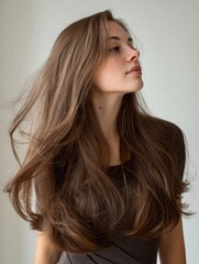 Naklejka premium Long Hair Flows Gracefully From a High Vantage Point Against a Clean Neutral Backdrop