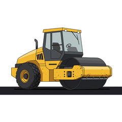 A vibrant illustration of a yellow road roller, meticulously depicted with bold outlines and shadows, poised on a dark surface, perfect for construction-themed designs.