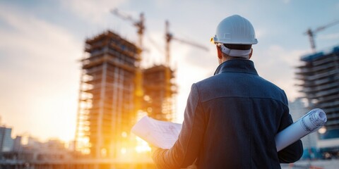 Construction engineer in hard hat holding blueprints at urban building site with cranes during sunset