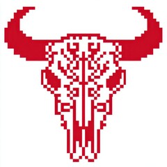 Fototapeta premium Red Pixelated Bull Skull with Intricate Pattern on White Background