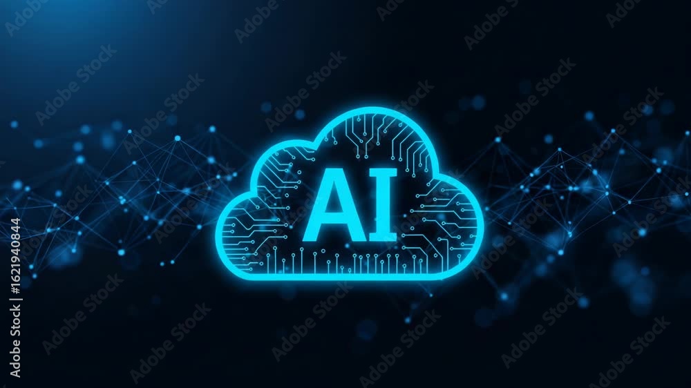 Poster a glowing blue cloud with ai inside represents artificial intelligence and cloud computing on a digi