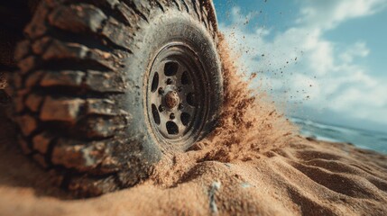 A close-up of an off-road vehicle tire spinning through sandy terrain, kicking up dirt and sand particles under a blue sky.