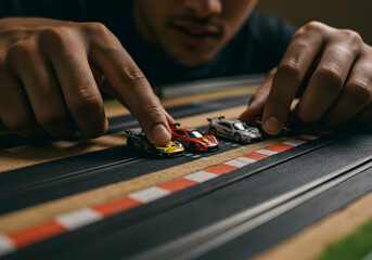 Fototapeta premium Man plays with tiny racing cars on track