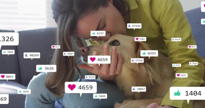 Woman cupping dog's snout and stroking fur starting overlay counters driving social media marketing