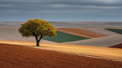 Lonely tree stands amidst colorful, rolling hills.