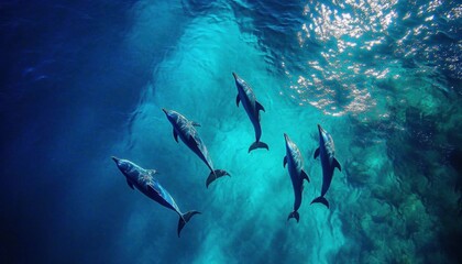 Obraz premium Whales Pod Swimming in Clear Blue Ocean - Aerial View Showing Marine