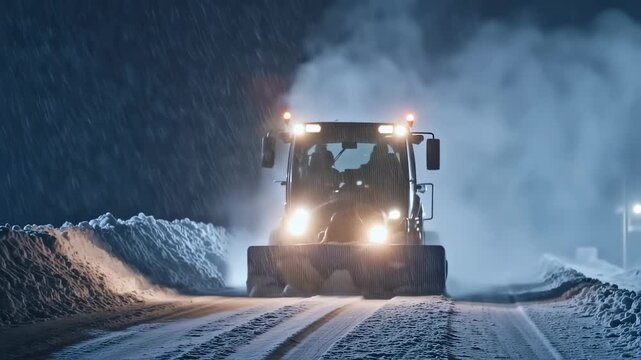 Night snow plow clearing roadway