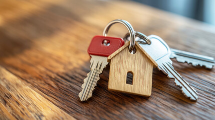 A wooden keychain with a house-shaped key fob, hanging on a wooden surface with a red key and a key with a keychain, against a blurred background.