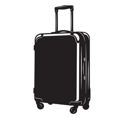 Black and white illustration of a stylish rolling suitcase ready for travel adventures