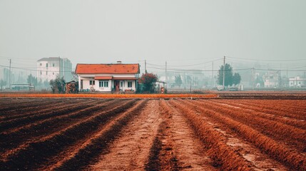 Rural landscape with a weathered farmhouse and plowed fields.