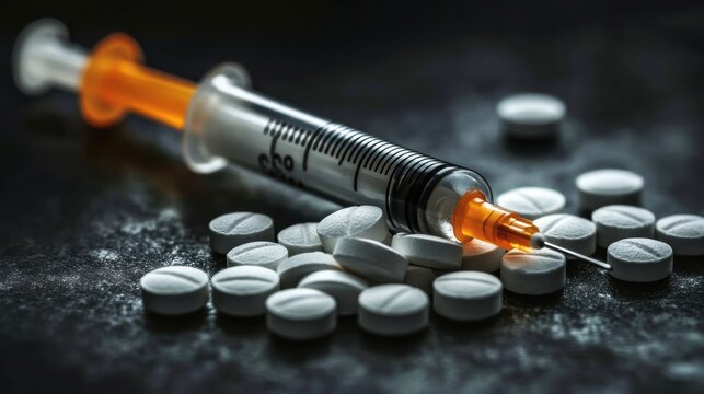 Close-up of syringe, pills on dark surface emphasizing drug abuse and opioid syringe