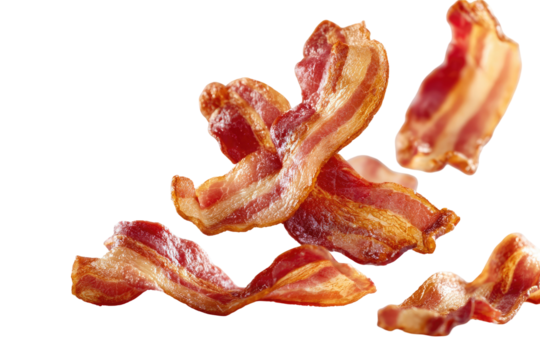  Crispy and Delicious Bacon Strips Falling on White Background