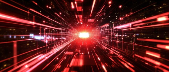 Naklejka premium Futuristic Red Digital Tunnel with Glowing Lights and Geometric Lines for High-Tech
