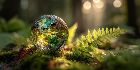 Glass Earth globe in forest moss, sunlit ferns; environmental conservation
