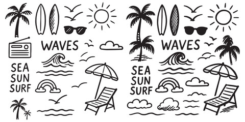 Hand-drawn doodle beach and surf icon vector set with tropical elements like palm trees, waves, surfboards, and sun. Perfect for summer designs, t-shirts, posters, and coastal branding