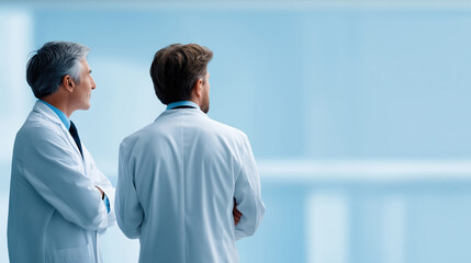 Professional Medical Team in Hospital Corridor, Healthcare Staff in White Coats During Patient Care, Modern Healthcare Facility Image