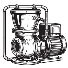 Detailed black and white illustration of a modern industrial water pump and electric motor