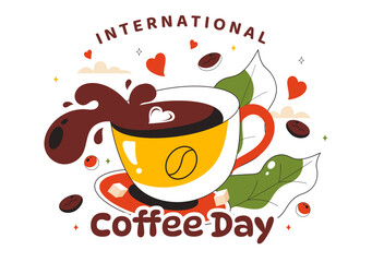 International Coffee Day Vector Illustration on 1st October, Featuring Aromatic Coffee and a Relaxing Drink with a Brown Background in a Cute Cartoon