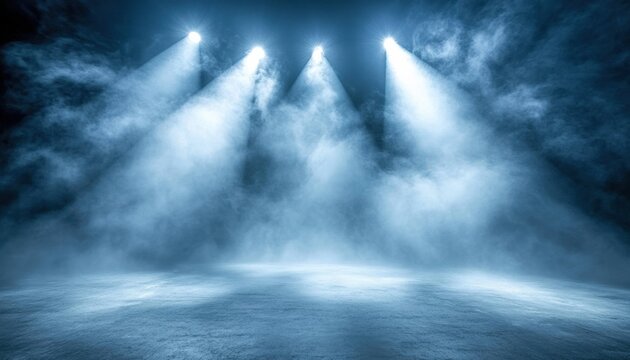 Mystical stage lights in a foggy atmosphere, ideal for concert or performance Dramatic illuminated by spotlights amid ambiance