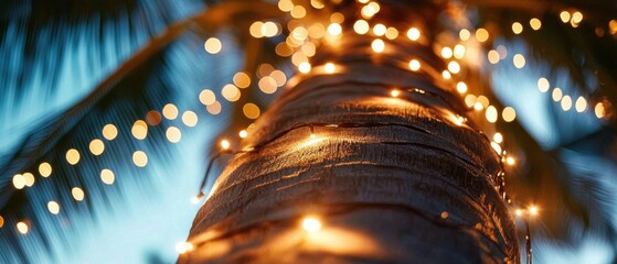 Palm tree adorned with festive lights, creating warm tropical holiday atmosphere Close-up of a wrapped