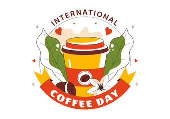 International Coffee Day Vector Illustration on 1st October, Featuring Aromatic Coffee and a Relaxing Drink with a Brown Background in a Cute Cartoon