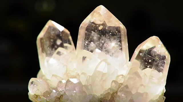 Clear Quartz Crystal Cluster Macro Shot Against Dark Background Detailed Geological Gemstone Formation