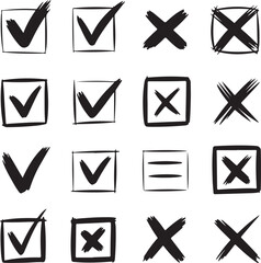 Rough Doodle Icons – Tick, Cross, and Checklist Sketch Vector Set