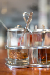 Dry chilli and fish sauce on table. Thai flavouring for more tasty
