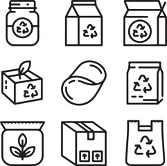 Sustainable Packaging Line Icons – Zero Waste & Eco Container Vector Set