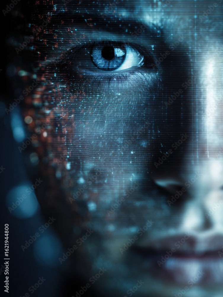 Poster female face displaying glowing grid scan and digital age-reduction symbols emphasizing technological