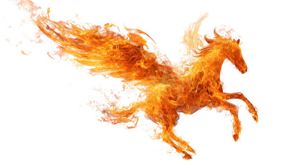 Flaming Pegasus mid-flight, wings ablaze and mane roaring, leaping forward in dynamic motion against a stark transparent backdrop.