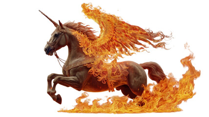 A hybrid creature blending unicorn and phoenix traits, ablaze with fire across wings, horn, mane, and tail, mid-flight.