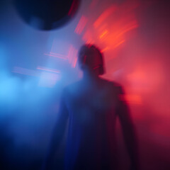 Abstract of man out of focus, surrounded by red and blue lights. JPEG, 2.7MB, 12x12in, 3600x3600px, 300p/i