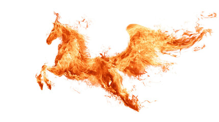 Fiery horse mid-gallop, flaming mane and tail blaze against stark transparent background.