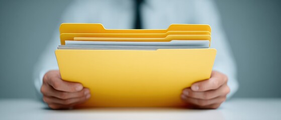 A person meticulously holds an open file, the focal point on the yellow folder, symbolizing diligent work and attention to detail.