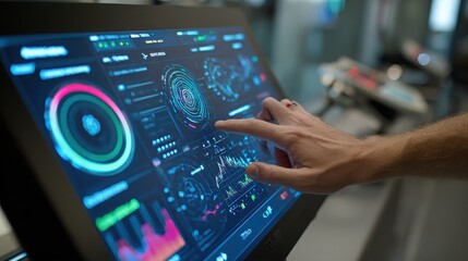 Hand Interacting with Touchscreen Display Showing Data, Charts and Graphs